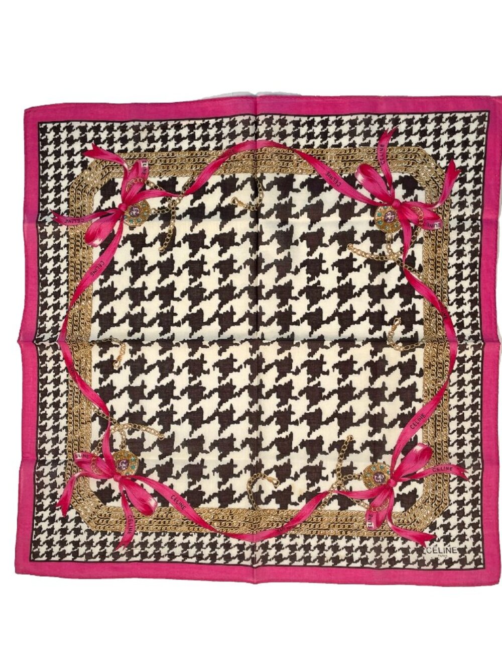 Vintage CELINE Paris Cotton Scarf Houndstooth Chain Print